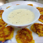 Vegetable fritters with cheese dip