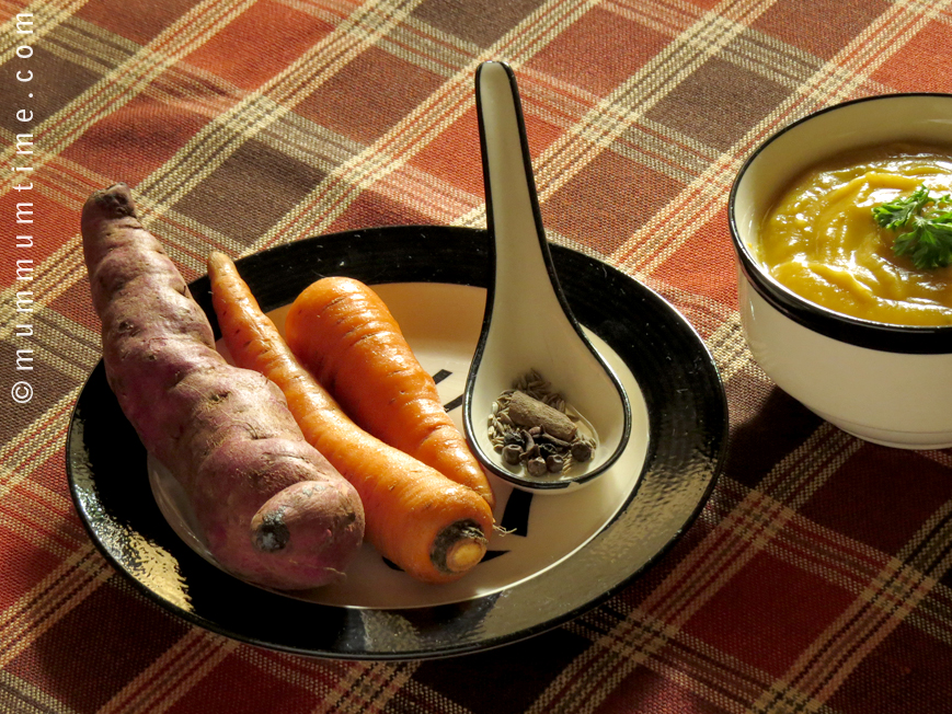 Sweet Potato and Carrot Soup with Ingredients
